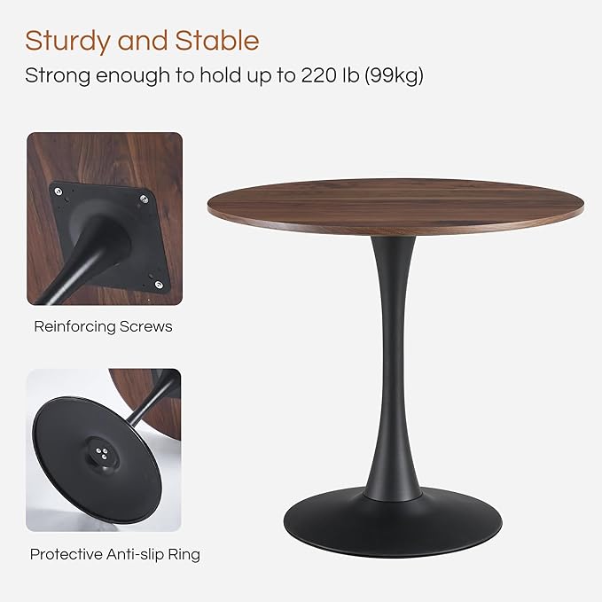 Round Dining Table,32 Inch Tulip Table with Wood Grain Top and Sturdy Metal Pedestal,Mid-Century Leisure Table for Small Space Kitchen Dining Room Living Room,20-Min Easy Assembly,Walnut