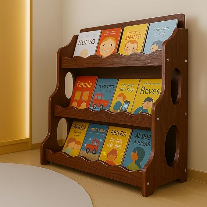 Kids Bookshelf Wooden Montessori Book Shelf Dutch Design 3Tier Scalloped,RedWalnutWood GrainPattern