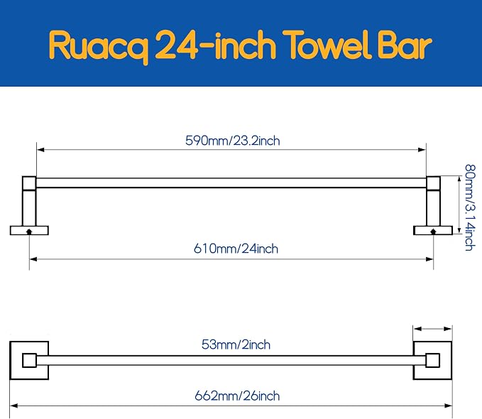 RUACQ Chrome Towel Bar 24 inch, 304 Stainless Steel Towel Racks for Bathroom Wall Mounted, Heavy Duty Bath Towel Rod with Square Base(Chrome)