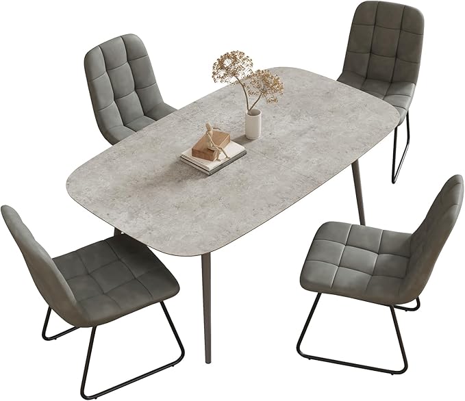 55.1'' Modern Dining Table Set for 4, Gray Wood Table with 4 Faux Leather Chairs, Kitchen & Dining Room Furniture Set, Space-Saving Table and Chairs for Apartment, Home, Small Spaces