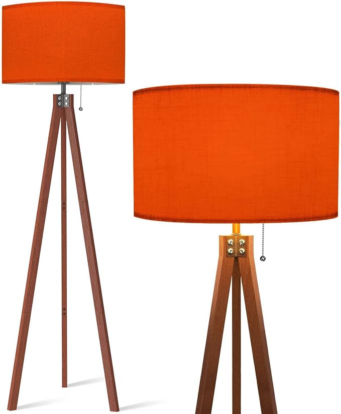 Wood Tripod Floor Lamp Orange Color for a Warm Colorful Modern Standing Lamp Linen Lampshade Dimmable Tall Lamp Mid Century Floor Lamp for Living Room Bedroom