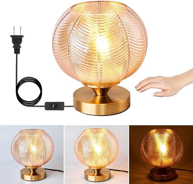 Mid-Century Modern Glass Table Lamp 3 Brightness Levels Dimmable Touch Control Desk Lights with Plug in Cord On/Off Switch, Globe Decor Nightstand Lamps for Bedroom Living Room Office (Amber)