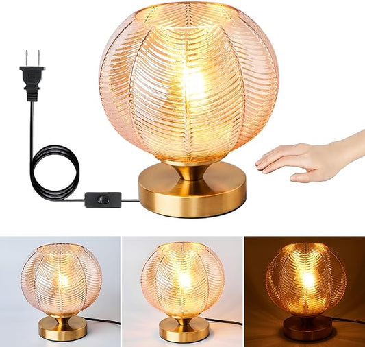 Mid-Century Modern Glass Table Lamp 3 Brightness Levels Dimmable Touch Control Desk Lights with Plug in Cord On/Off Switch, Globe Decor Nightstand Lamps for Bedroom Living Room Office (Amber)
