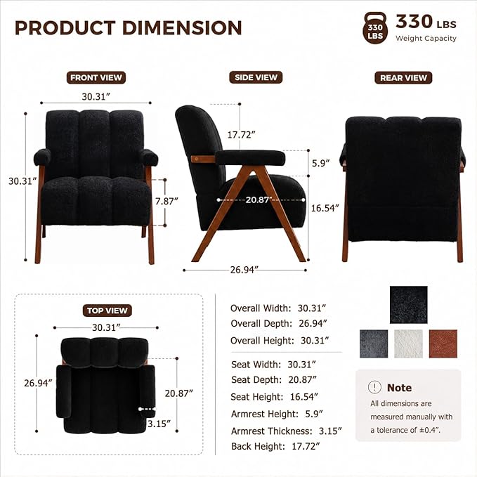 Mid Century Modern Accent Chair with Solid Oak Wood Frame, Upholstered Chenille Lounge Chair with Ergonomic Backrest and Thick Cushion for Living Room Bedroom Balcony, Set of 2, Black