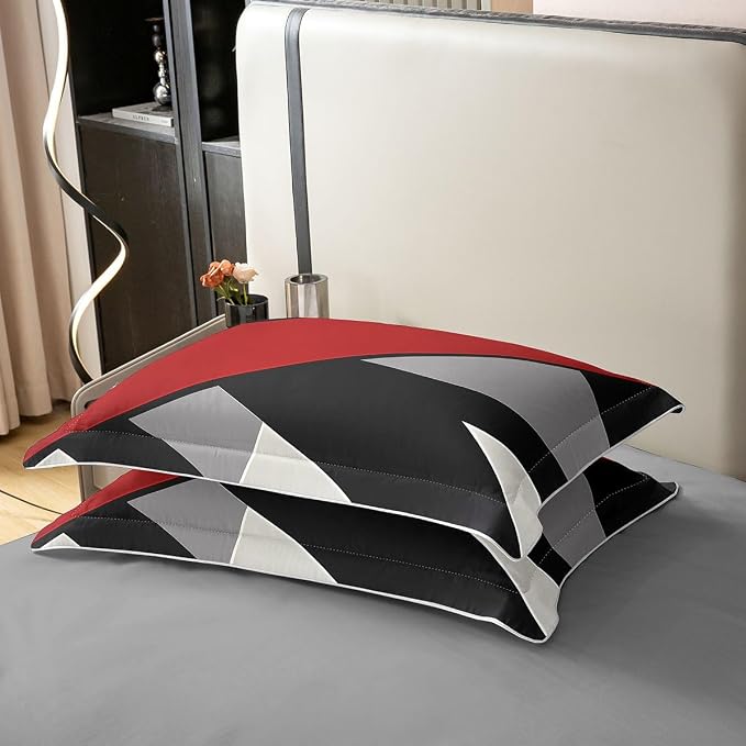 Erosebridal Red Black Grey Art 100% Cotton Duvet Cover Queen Geometric Patchwork Bedding Set for Kids Teens Adults Triangle Print Comforter Cover Modern Aesthetics Bed Set 3 Pcs