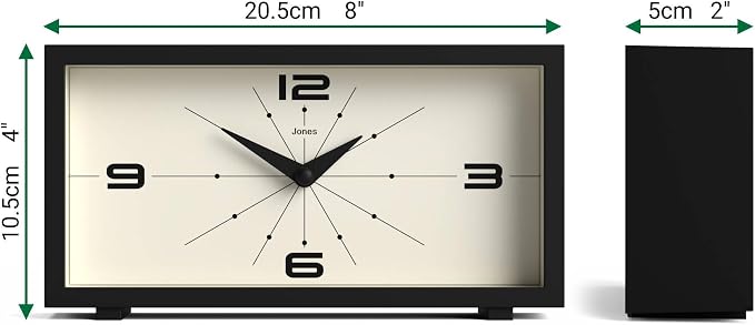 JONES CLOCKS® Odeon Desk Clock | Modern Rectangular Design | Black | Stylish Retro Look for Shelf, Table, Mantel or Bedside