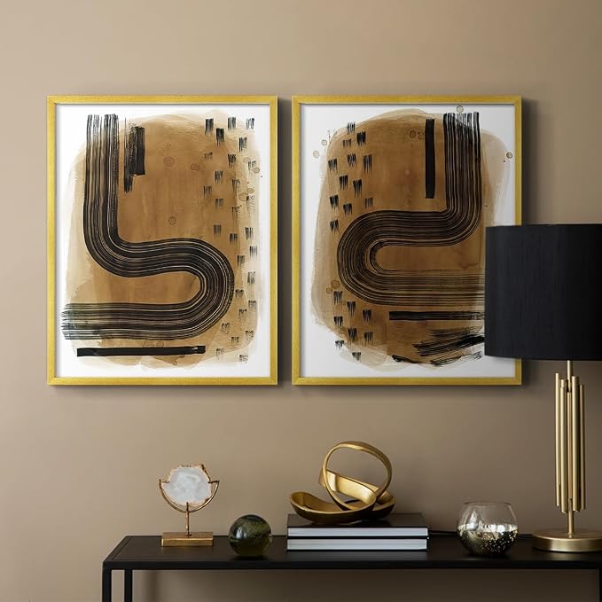 Renditions Gallery Set of 2 Peel & Stick Framed Prints, Abstract Wall Art, Hand Drawn Ink Curves Wall Decor, Re-Stickable - Ready to Hang - 11"x14" - GOLD Frame LT588