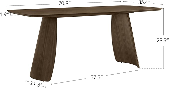 CHITA 71" Modern Dining Table for 6, Rectangle Wood Kitchen & Dining Room Table, Solid Rubberwood Frame, Bentwood Legs, Walnut Venner