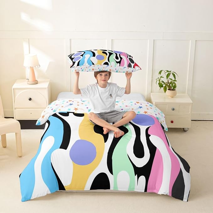 Erosebridal Organic Abstract Duvet Cover Set Modern Contemporary Girl Toddler Bedding Set for Child Boys Boho Mid Century Wavy Lines Comforter Cover Retro Geometric Bed Sets,Rainbow Purple
