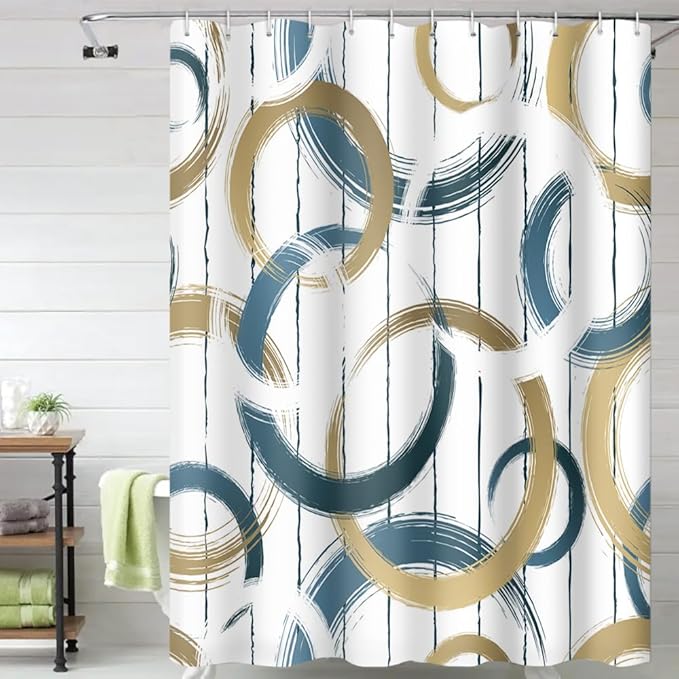 Abstract Geometric Shower Curtains Blue Brown Circle Round Pattern Polyester Fabric Bath Curtains Waterproof for Modern Bathroom Decor Set with Hooks, 72W x 84H Inch