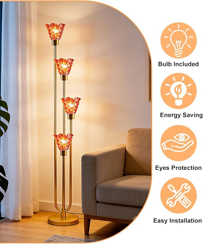 Lightdot Glass Floor Lamp Dimmable 4-Lights Gold with Deep Red Glass Shade 3000K Bulbs Included Mid Century Modern Standing Tall Lamp with 5Lbs Heavy Base for Living Room/Bedroom/Sofa Beside