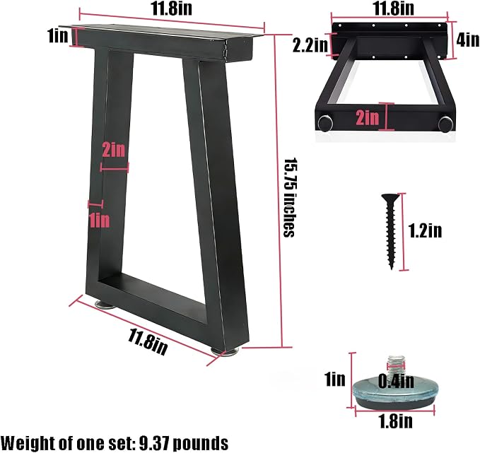 Industrial Metal Table Legs, Set of 2 Heavy Duty Black Tapered Steel Desk Legs with Mounting Screws & Leveling Feet, DIY Furniture Legs for Dining Table, Office Desk & Bench