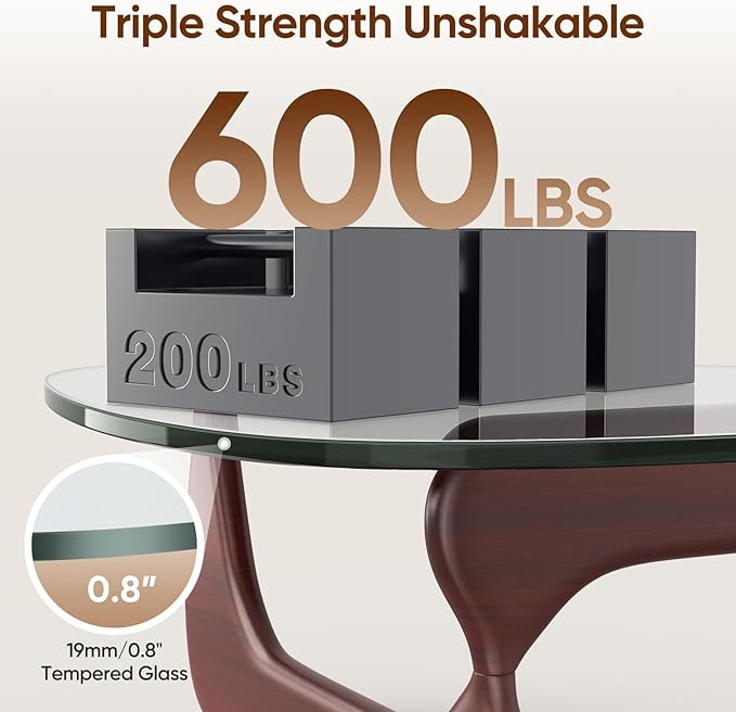 Triangle Glass Coffee Table Modern Coffee Table, with Vintage Clear Glass, and Solid Wood Base, End Table for Living Room, Office, Balcony, Patio (Dark Walnut)