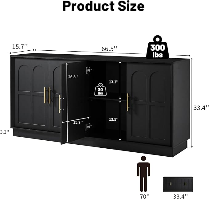 LKTART Sideboard Buffet Cabinet with Storage, Modern Credenza Accent Console Cabinets with Arched Doors, Kitchen Buffet Cabinet for Living Room Dining Room Entryway, Black