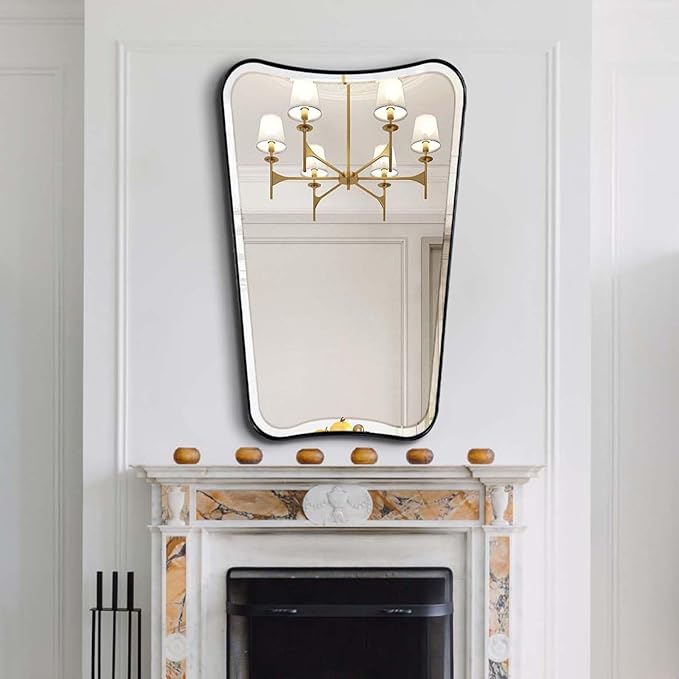 POZINO Matte Black Beveled Mirror, 24"x40" Bathroom Vanity Mirrors for Over Sink, Irregular Shaped Mirrors Decorative, Modern Rectangle Wall Mirror for Living Room Bedroom Fireplace Entryway