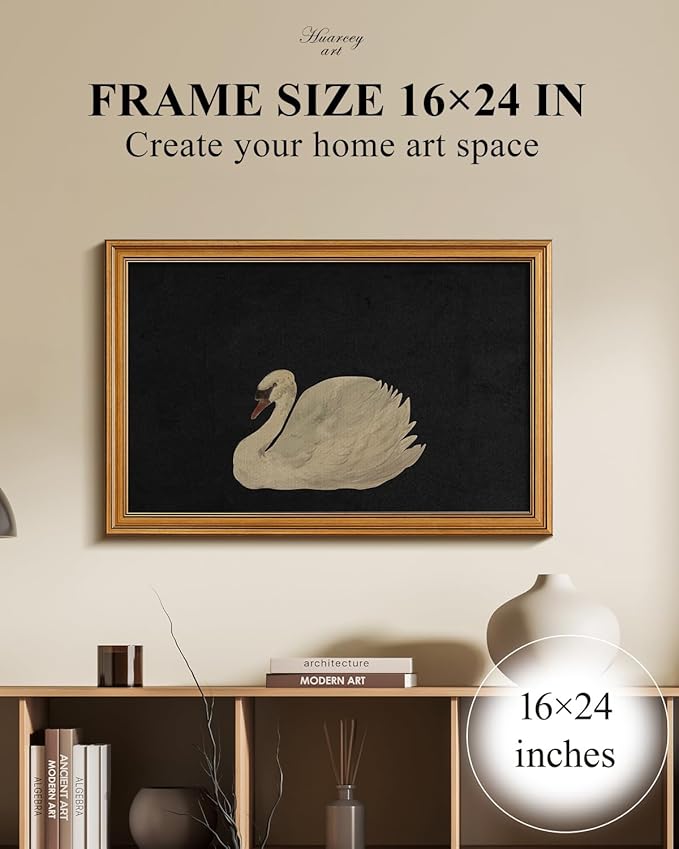 HUARCEY Gold Framed Vintage Wall Art for Living Room, Grace Swan Art Painting Pictures Rustic Animal Bathroom Prints Farmhouse Wall Decor Canvas Swan Shelf Decor for Kitchen Bedroom (Zwaan 16"x24")