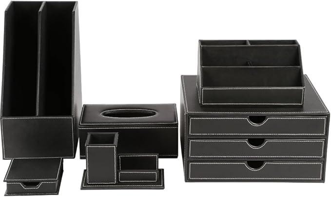 KINGFOM Office Desk Organizer Set 6PCS Desk Set, Desk Organizer Drawer, Files Holder Rack, Multifunction Organizer Box, Pen Holder with Name Card Holder, Memo Paper Holder,and Tissue Box Holder (T05H)