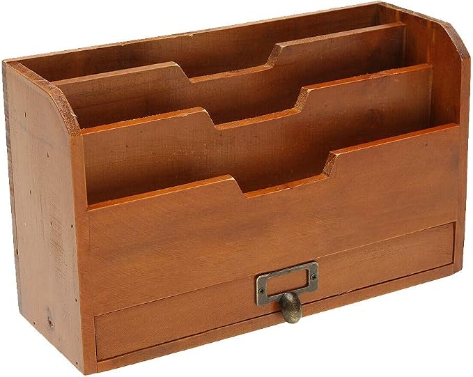 Vintage Vintage Wooden Storage Holder Creatively Designed Desktop Organizer Holder with 3 Pockets, Document Letter and Remote Control, Storage Box for Stationery