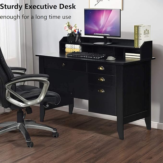 4EVERWINNER Computer Desk with 4 Drawers and Extra Storage Hutch, Wooden Grain Vintage Executive Desk Modern Style Work Office Desk for Bedrooms Laptop Study Writing Table for Small Spaces, Black