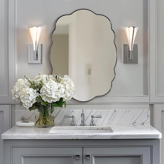 ANDY STAR Brushed Nickel Wavy Oval Bathroom Mirror, 24x32 Inch Silver Asymmetrical Wall Mirror, Unique Irregular Scalloped Mirror for Bathroom with Sophisticated Curved Design
