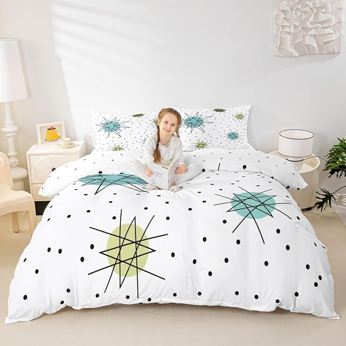 Erosebridal Geometric Polka Dots Comforter Cover Modern Mid Century Bed Set, Boho Minimalism Duvet Cover Full Size Hippie Atomic Bedding Sets, 1950s Old Fashion Bedspread Cover Super Cozy 3pcs