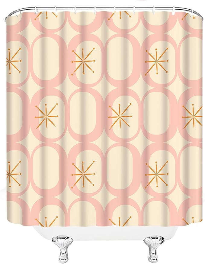 Mid Century Shower Curtain Modern Abstract Atomic Starbursts Squares Retro 50s Geometric Bathroom Decor Polyester Curtains with Hooks