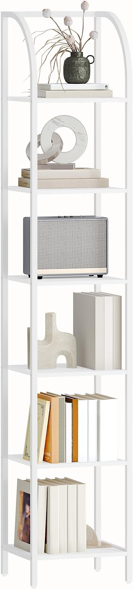 Hzuaneri Bookshelf Narrow Bookcase, Tall Storage Rack with Steel Frame, Display Standing Shelf Unit, Skinny Book Shelf for Study Living Room Home Office, Industrial Style, 6-Tier White BC56013W