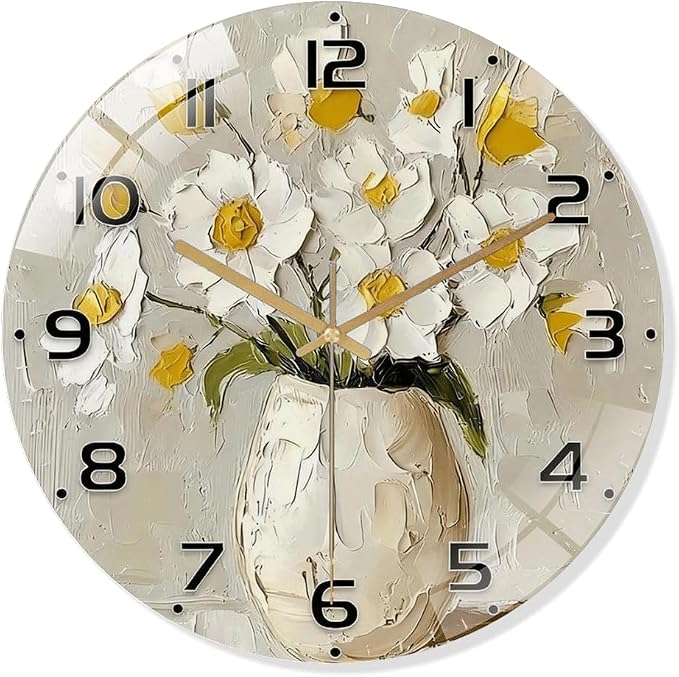 24 Inch White Floral Glass Wall Clock Silent Modern Art Decor | Silent glossy wall clock with an elegant impasto floral painting design, tracking time perfectly for your living room