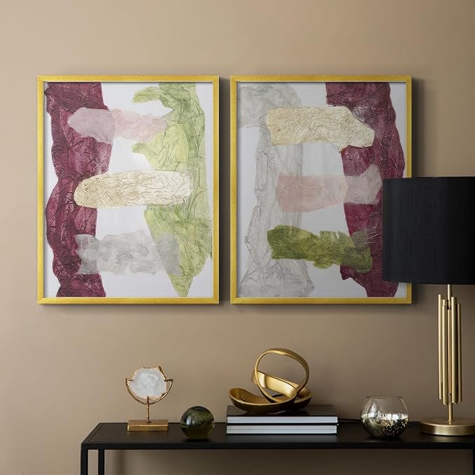 Renditions Gallery Set of 2 Peel & Stick Framed Prints, Abstract Wall Art, Mix Color Dyed Textures Wall Decor, Re-Stickable - Ready to Hang - 8"x10" - GOLD Frame LT588