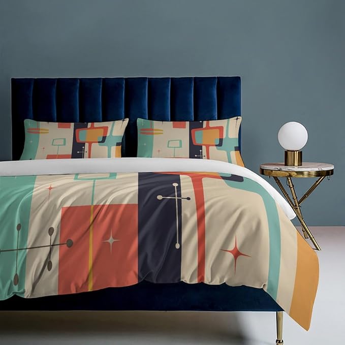 Mid Century Duvet Cover Queen Retro Atomic Bedding Set, Rainbow Grid Comforter Cover Vintage Fifties 1950s Bed Set，Abstract Art Bedding 3 Piece (1 Duvet Cover 90"x90" + 2 Pillow Sham 20"x30")
