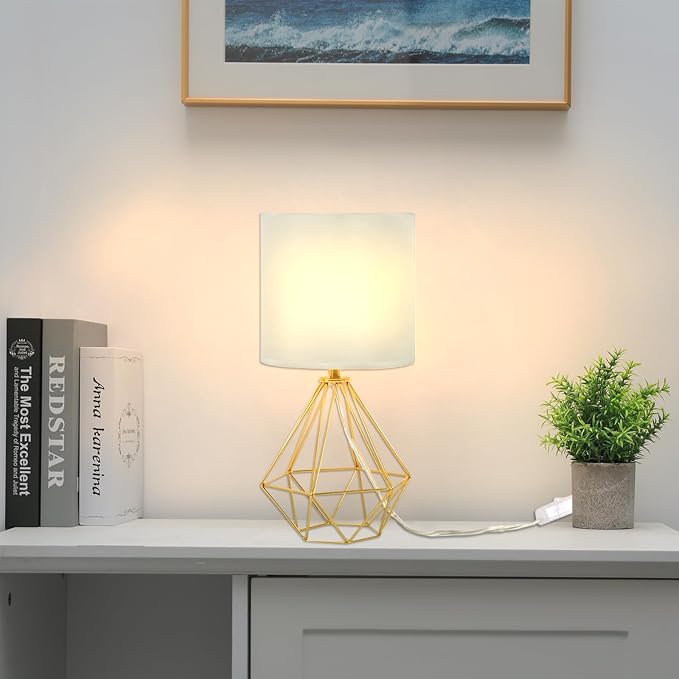 Gold Modern Small Table Lamp for Bedroom & Living Room - Geometric Metal Base, White Fabric Shade, Ideal for Bedside & Kids' Desk, Nightstand Lamp