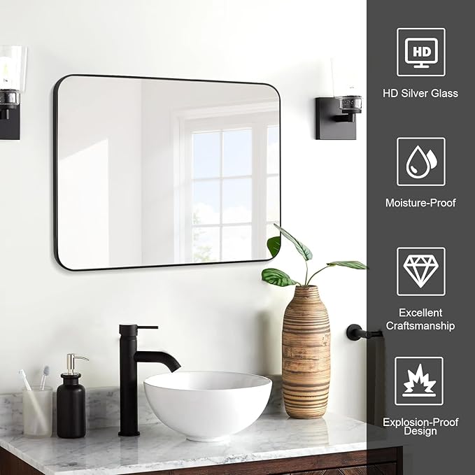 Black Bathroom Mirror 30X36 Inch Rounded Rectangle Wall Mirror Stainless Steel Metal Frame Vanity Mirror Anti-Rust for Entryway, Bathroom, Vanity, Living Room Hangs Vertically or Horizontally