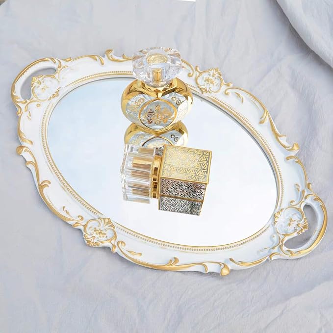 Oval Vintage Decorative Mirror Tray, Jewelry Cosmetics Makeup Dresser Storage Organizer Tray, Serving Tray (9.8”x 14.6”) White