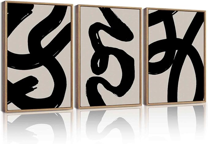 KUVIOKE Black Abstract Framed Wall Art Ink Wash Minimalist Lines Canvas Painting Artwork for Bedroom Hallway 12x16in (Natural Framed)