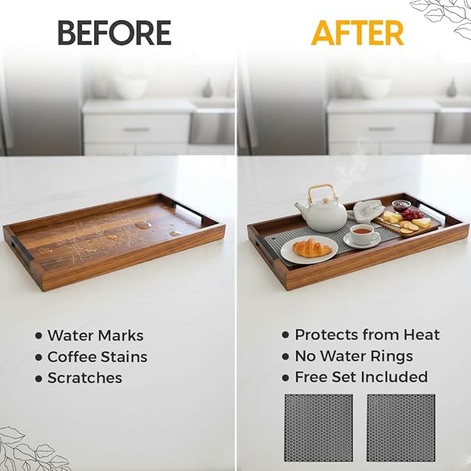 Acacia Wood Serving Tray with Handles 16.5"x12" with 2 Silicone Mats – Large Decorative Wooden Ottoman & Coffee Table Tray for Breakfast in Bed, Dinner, Kitchen, Bar, Home Décor & Party Serving