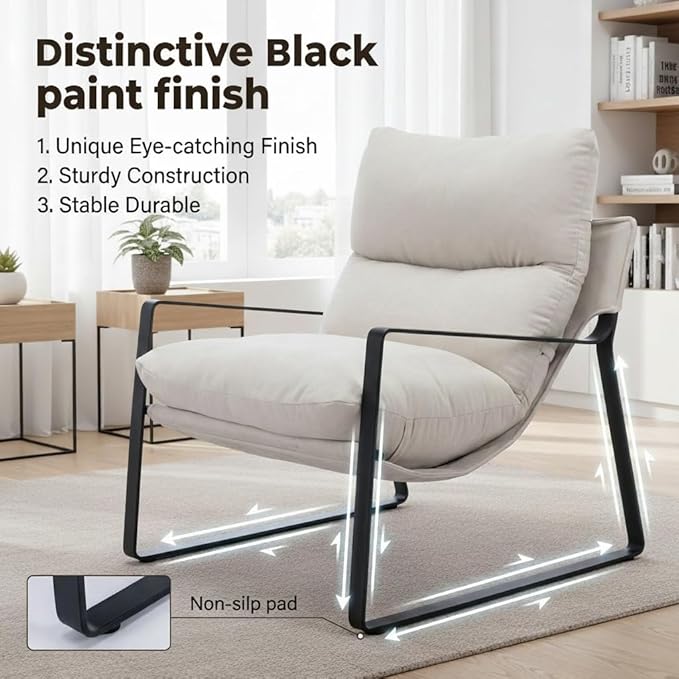 LukeAlon Modern Linen Accent Armchair, Upholstered Soft Living Room Chair with Metal Base Removable Thickened Cushion Single Sofa Chair Comfy Lounge Chair for Bedroom Living Room, White