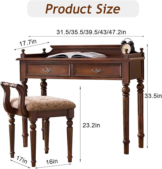 Mid-Century Home Office Desk with 2 Drawers, Storage Vanity Dressing Table with Stool, Solid Wood Wide Writing Study Desk, Computer Desks for Bedroom Living Room(Khaki)