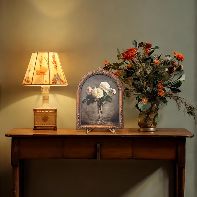 3D Vintage Rose Floral Desk Decor Sign, Vintage Rose Bouquet Glass Vase Framed Wall Art Sign for Home Bedroom Living Room Desk Wall Shelf Rustic Aesthetic Decor 8x10 Inch