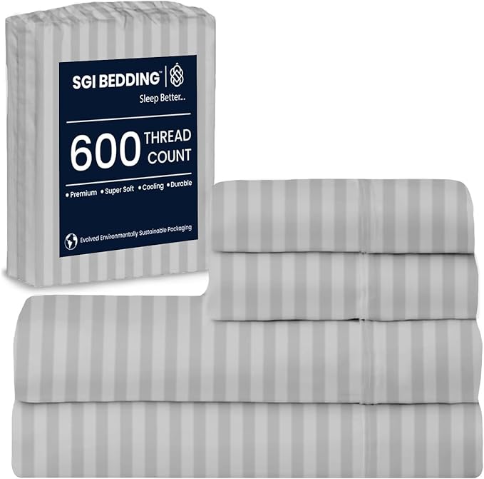 SGI bedding 100% Egyptian Cotton Sheets Full Size – 600 Thread Count Sheets Set, Soft, Cooling, 15" Deep Pocket, Luxury Hotel Bedding, Breathable, Durable - Light Grey Stripe