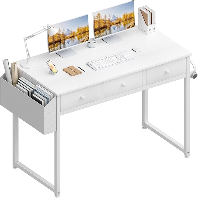 Lufeiya Small White Computer Desk with Drawers for Home Office Bedroom, 40 Inch Vanity Desk with Fabric Drawer Storage and Side Pouch, Study Writing Table, White