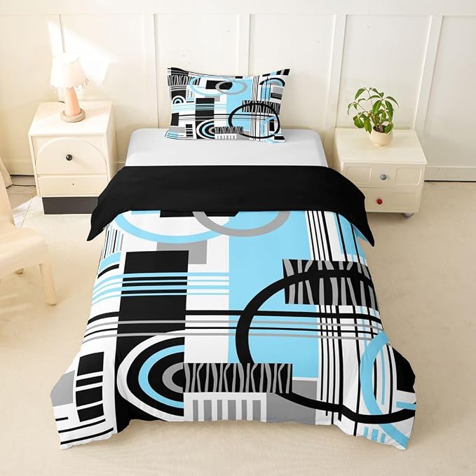 Erosebridal Art Deco Mid Century Duvet Cover Set Retro Modern Abstract Geometric Twin Bedding Sets for Girls Tween Boys Black and White Sky Blue Circles Stripes Comforter Cover Contemporary Bed Set