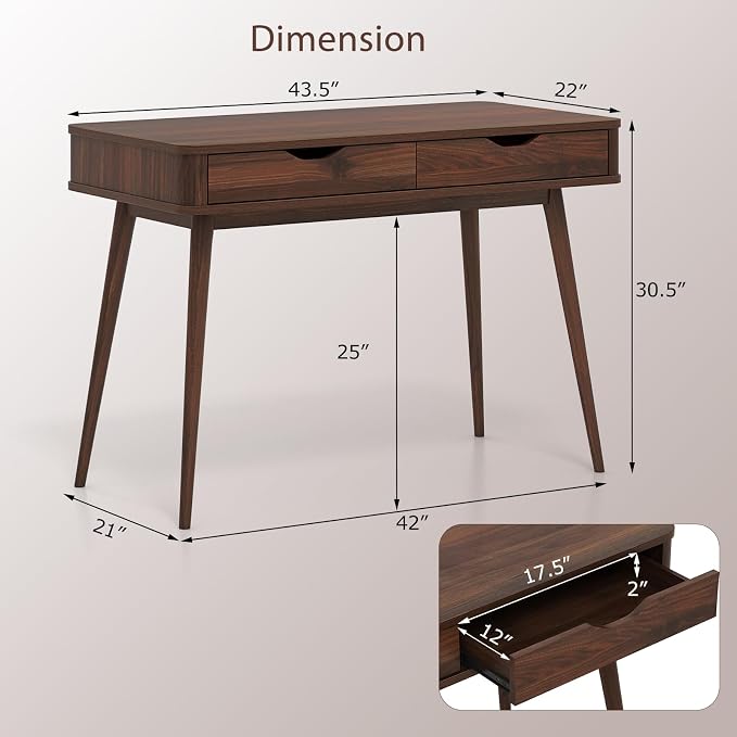 POWERSTONE Mid Century Office Desk with 2 Drawers - Vintage Writing Desk Computer Workstation with Sturdy Rubberwood Legs & Spacious 43.5" Desktop for Home Office Bedroom (Walnut)