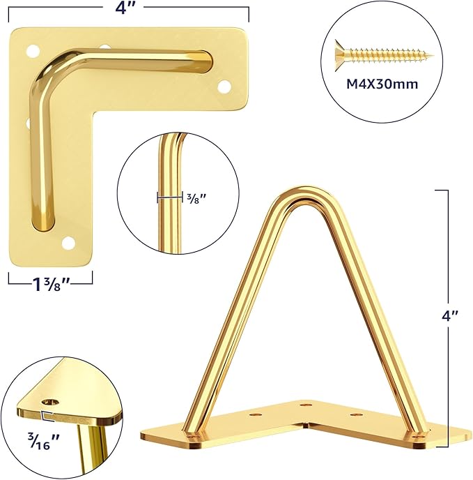 SMARTSTANDARD 4 Inch Hairpin Furniture Legs, 3/8'' Rods Metal Home DIY Projects for Nightstand, Coffee Table, Dresser with Rubber Floor Protectors, Gold Set of 4PCS