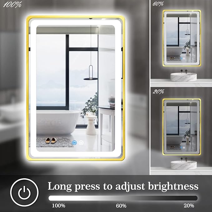 24 x 36 Inch Gold Vanity Mirror with Lights Smart Memory 3 Color Dimmable AntiFog 36 Gold Frame Lighted mirror for Bathroom Salon Horizontal/Vertical Wall Mounted LED Makeup Mirror with Light