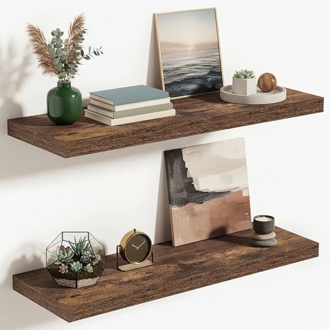 Vivelove 10 Inch Deep Floating Shelves 24 inch Long, 24 x 10 Wide Wall Shelves with Invisible Brackets, for Bedroom Bathroom Living Room Kitchen Office, Farmhouse Home Decor, Set of 2, Rustic Brown