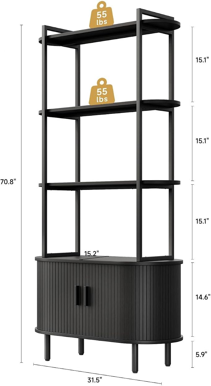 4 Tier Tall Bookshelf with Cabinet, Fluted Bookcase with Sliding Door, Metal and Wood Display Shelf, Free Standing Storage Shelving Unit, Corner Storage Organizer for Living Room, Home Office, Black