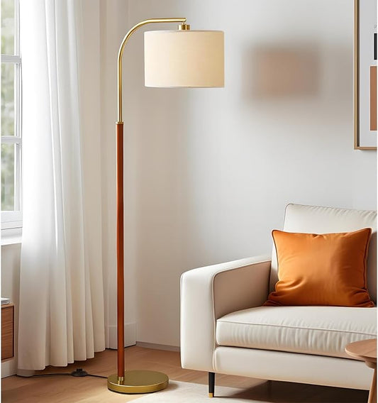66” Walnut Gold Floor Lamp for Living Room, 1200 Lumens 3-Level Brightness Arc Floor Lamp for Bedroom, Wood Vintage Mid Century Modern Standing Lamp, Adjustable Lampshade, LED Bulb Included