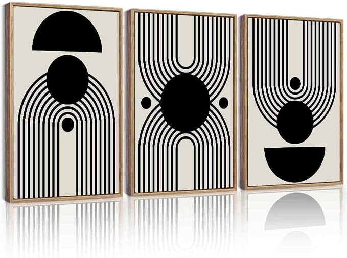 KUVIOKE Black Abstract Framed Wall Art Minimalist Geometry Lines Painting Artwork for Living Room Bedroom 16x24in (Natural Framed)