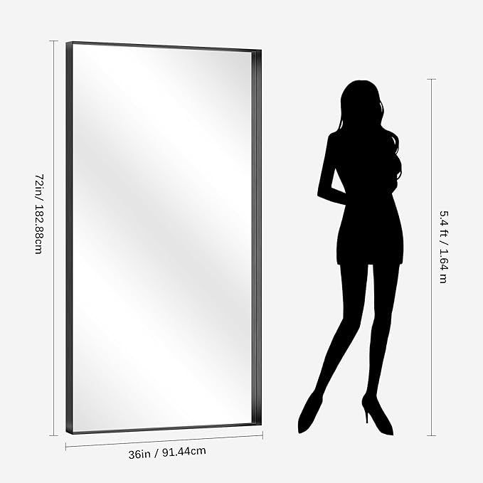 CIRCUMI Black Bathroom Mirror, 72"x36" Rectangular Mirror with Deep Metal Frame, Brushed Finish, Tempered Glass, Large Mirror for Wall, Over 2 Sinks, Installed Vertically/Horizontally, Crystal-Clear