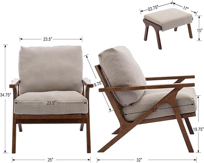 HNY Mid Century Modern Accent Chair with Ottoman, Farmhouse Linen Upholstered Living Room Armchair and Ottoman Set, 23" Seat Wide Retro Leisure Lounge Chair with Wood Frame for Home, Bedroom, Beige